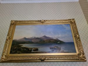 Painting of mountains, sea and rocks at Brodick Bay