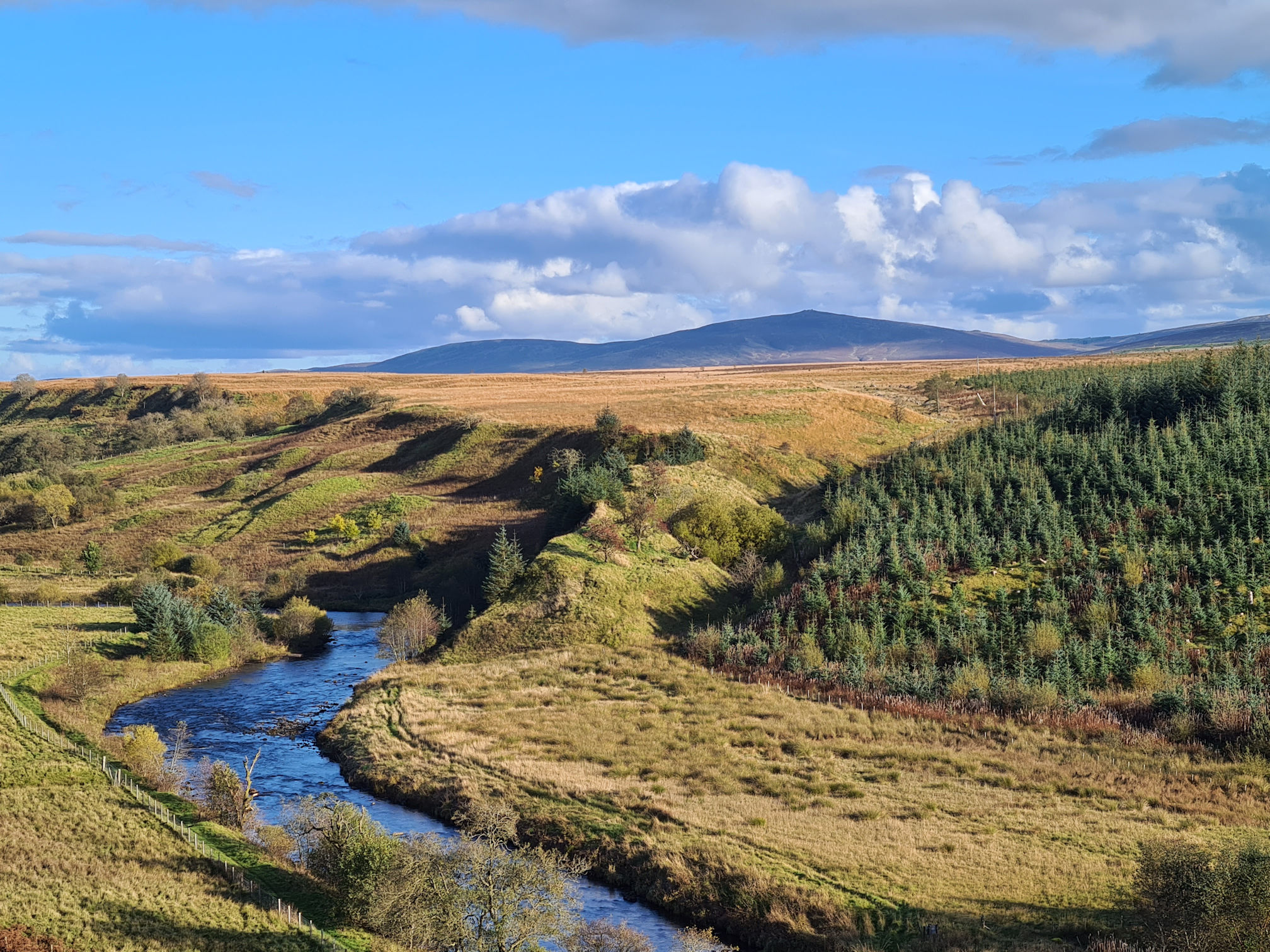 The River Ayr meanders through the brown land below, with evergreen trees and hills in the distance