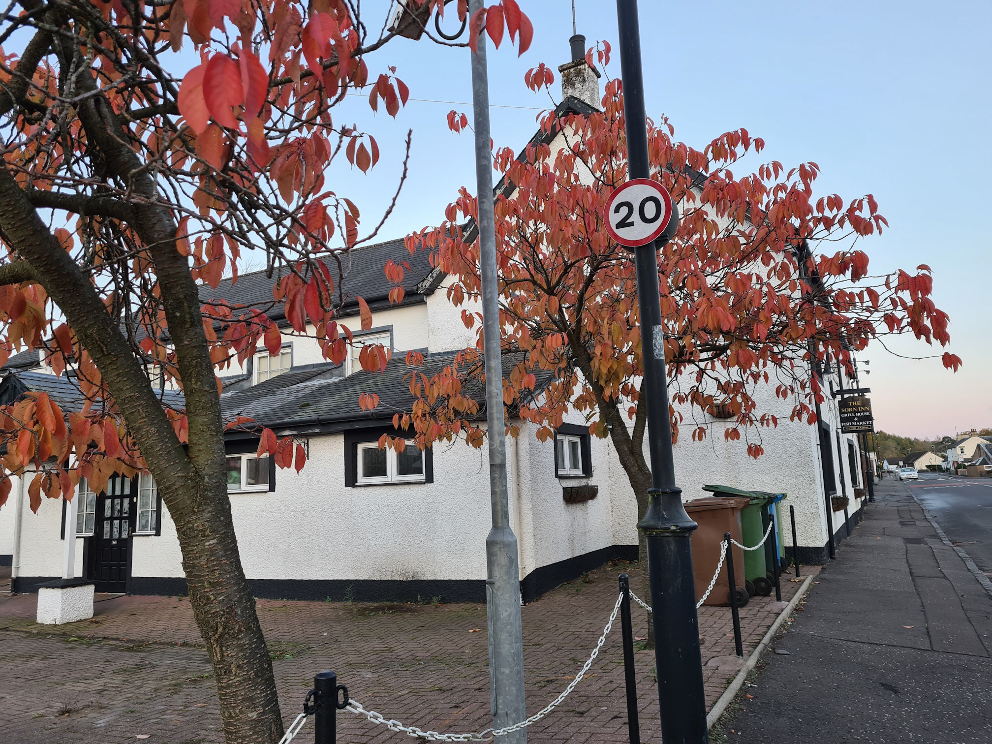 Young trees with orange and red leaves beside a white building on a road through the village of Sorn