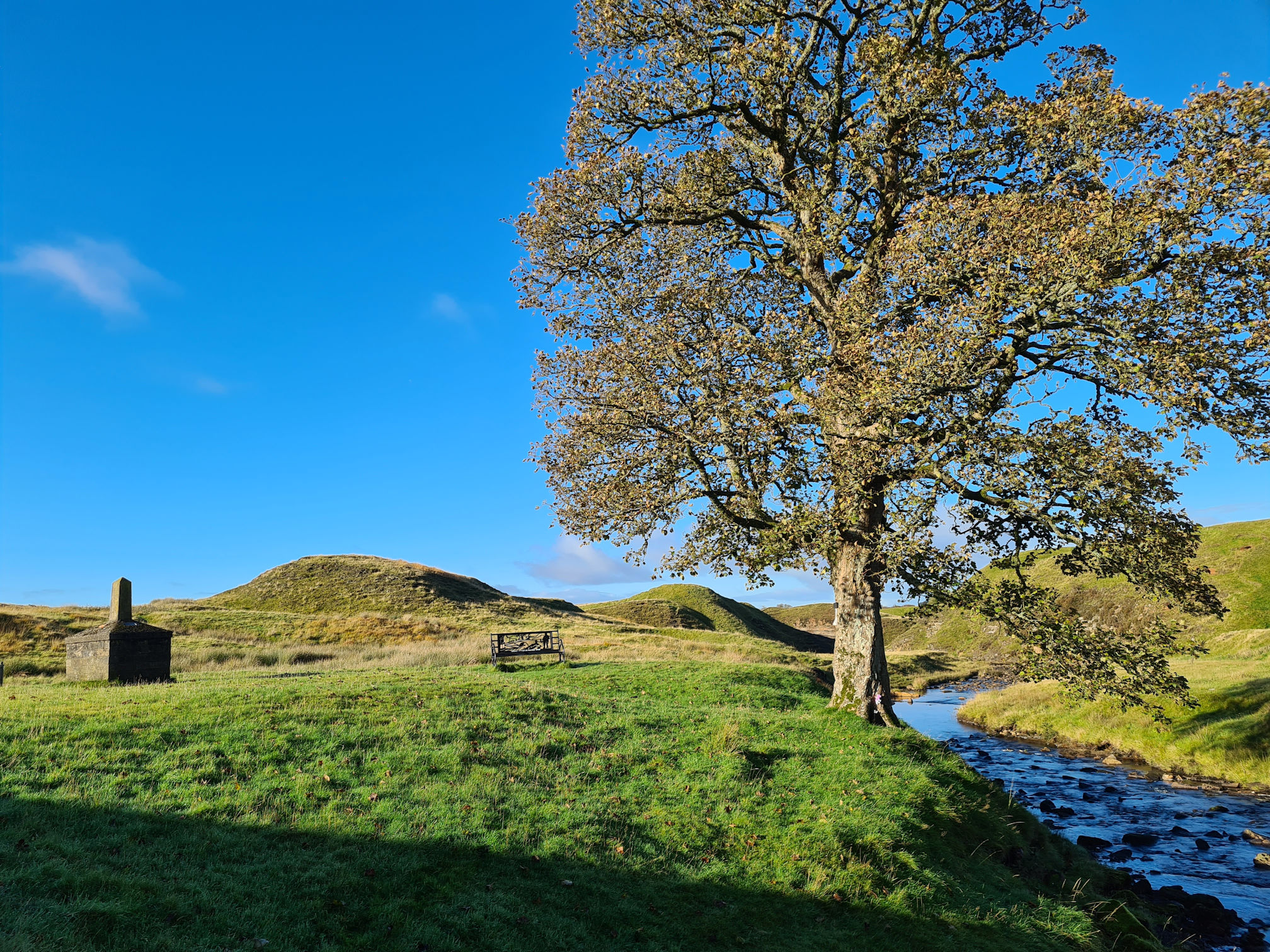 A stone memorial cairn, metal bench, large sycamore tree and the Garpel Water flowing downstream