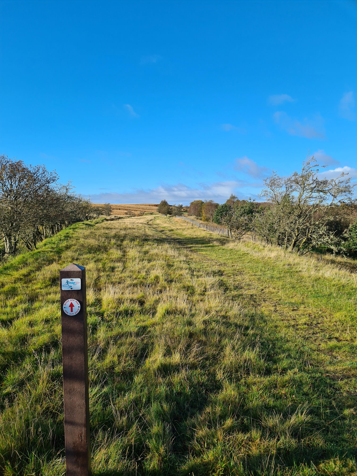 A sign post and a long open grassy path ahead, a former railway line