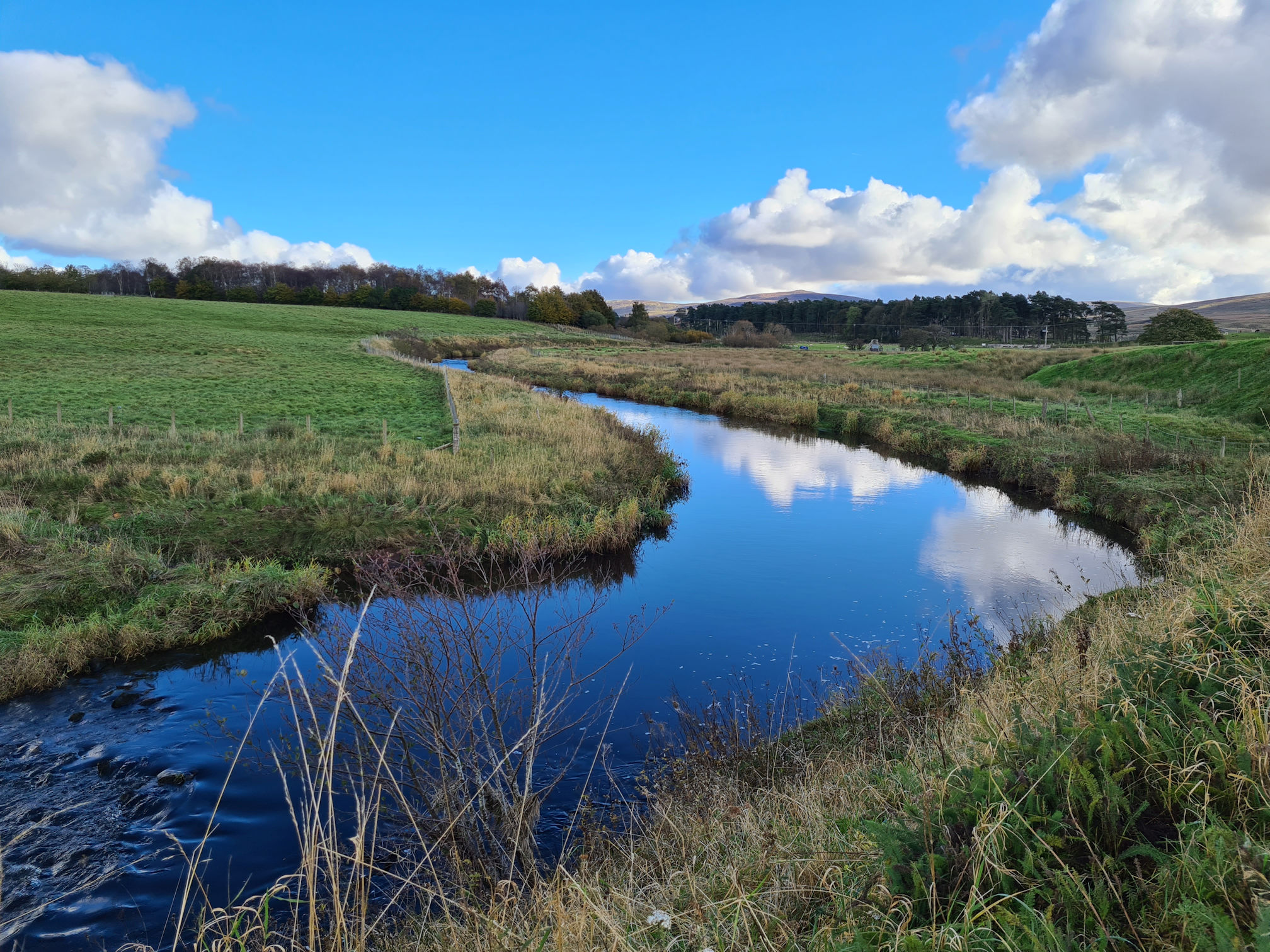 The river bends, the water looks blue from the sky above, puffy white clouds reflections in the water