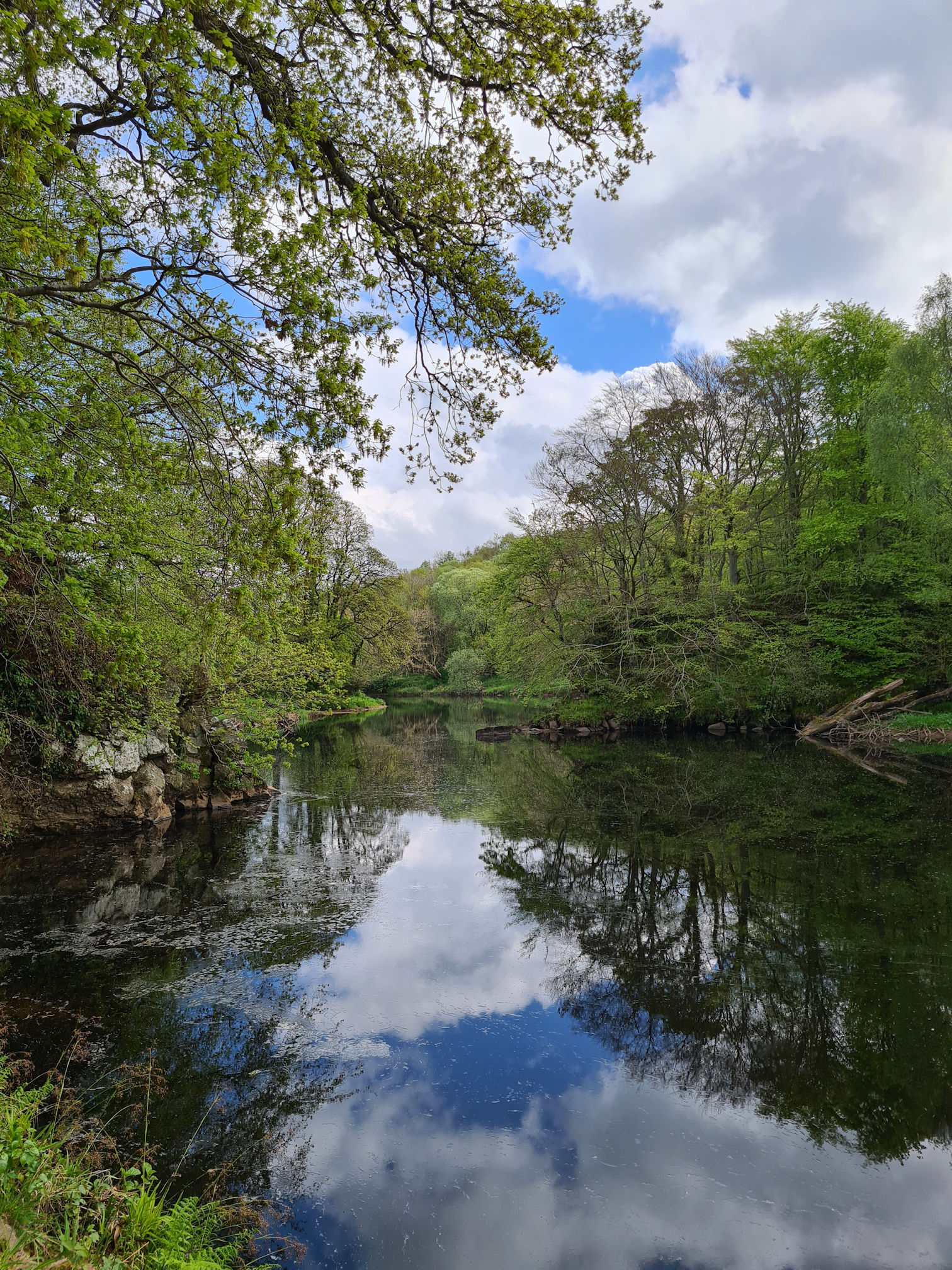 River with trees and sky reflections, stone walls on both sides of the river, one on the right may have been where a castle once stood.