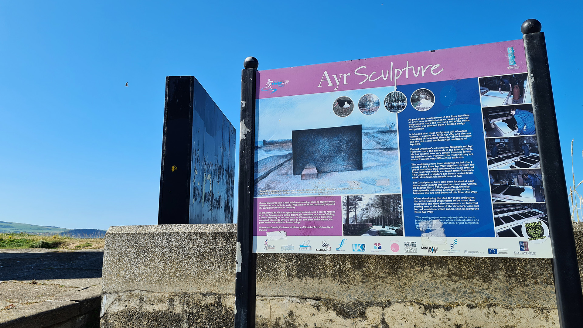 Information sign about the Ayr Sculpture, finishing point of the River Ayr Way