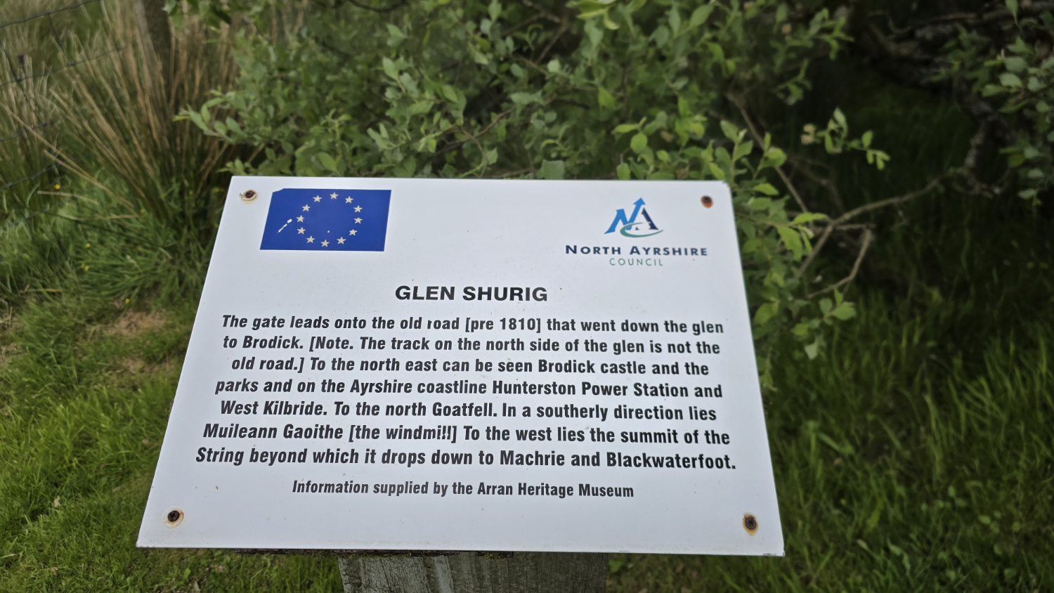 Information sign about the old road at Glen Shurig that used to be here before 1810