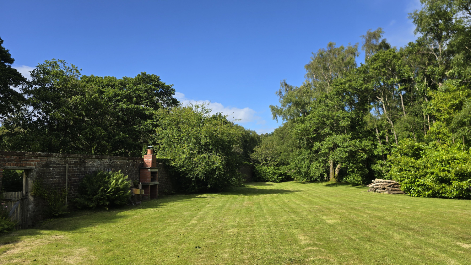 Green short lawn, gate, stone barbeque, trees and a pile of logs in a walled garden
