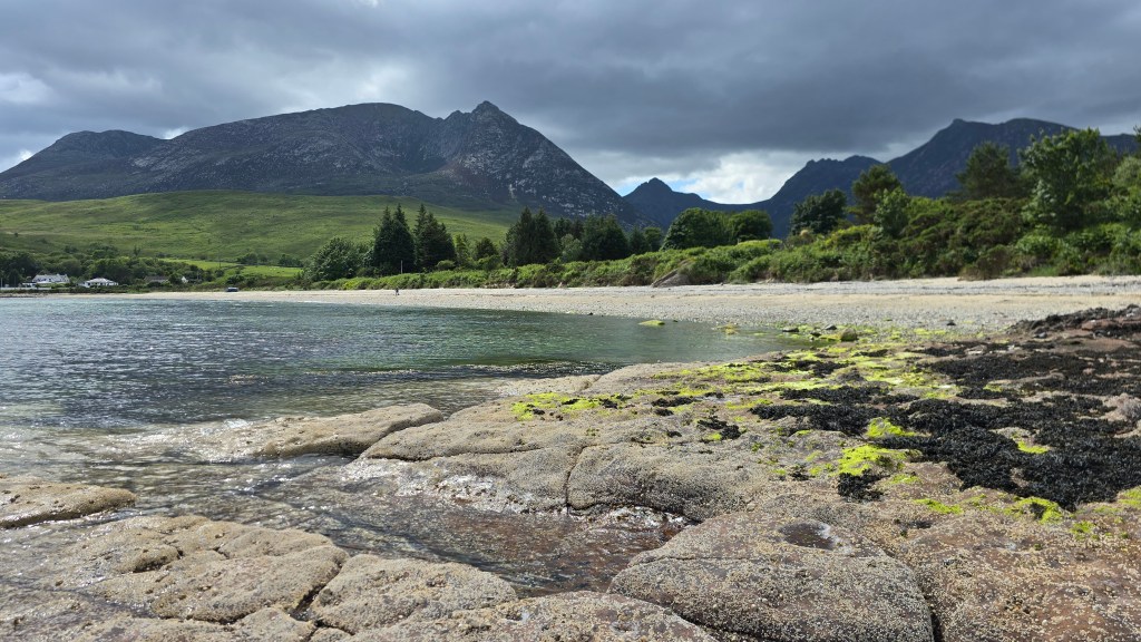 Rocks, the sea, sandy rocky beach, trees and mountains
