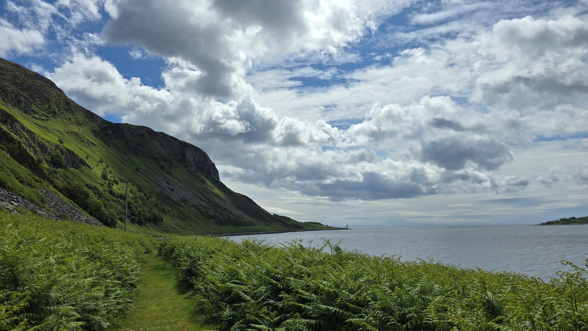 Short grassy path with tall Bracken on either side, tall rugged cliffs to the left, a lighthouse in the far distance and the sea on the right