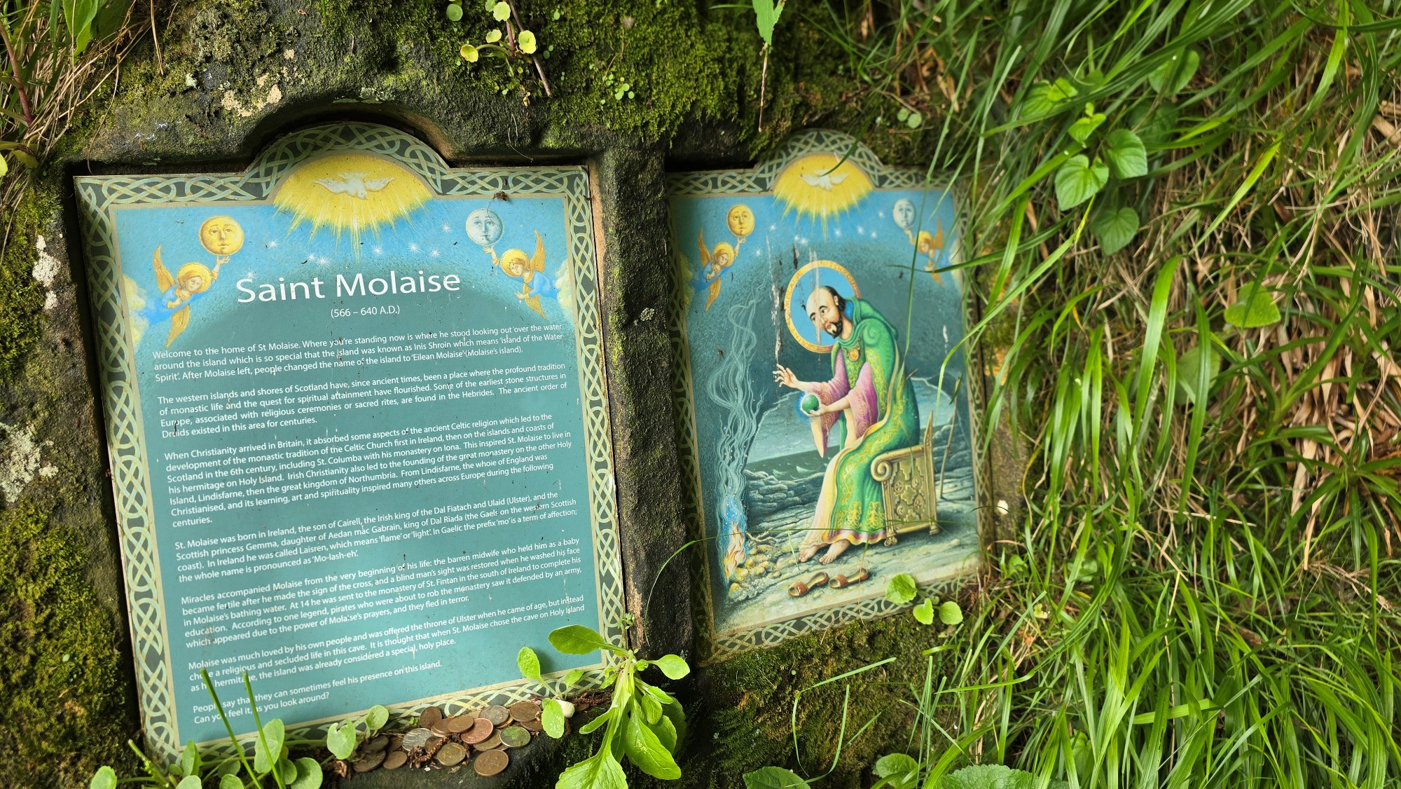 Information sign about Saint Molaise's living in this cave