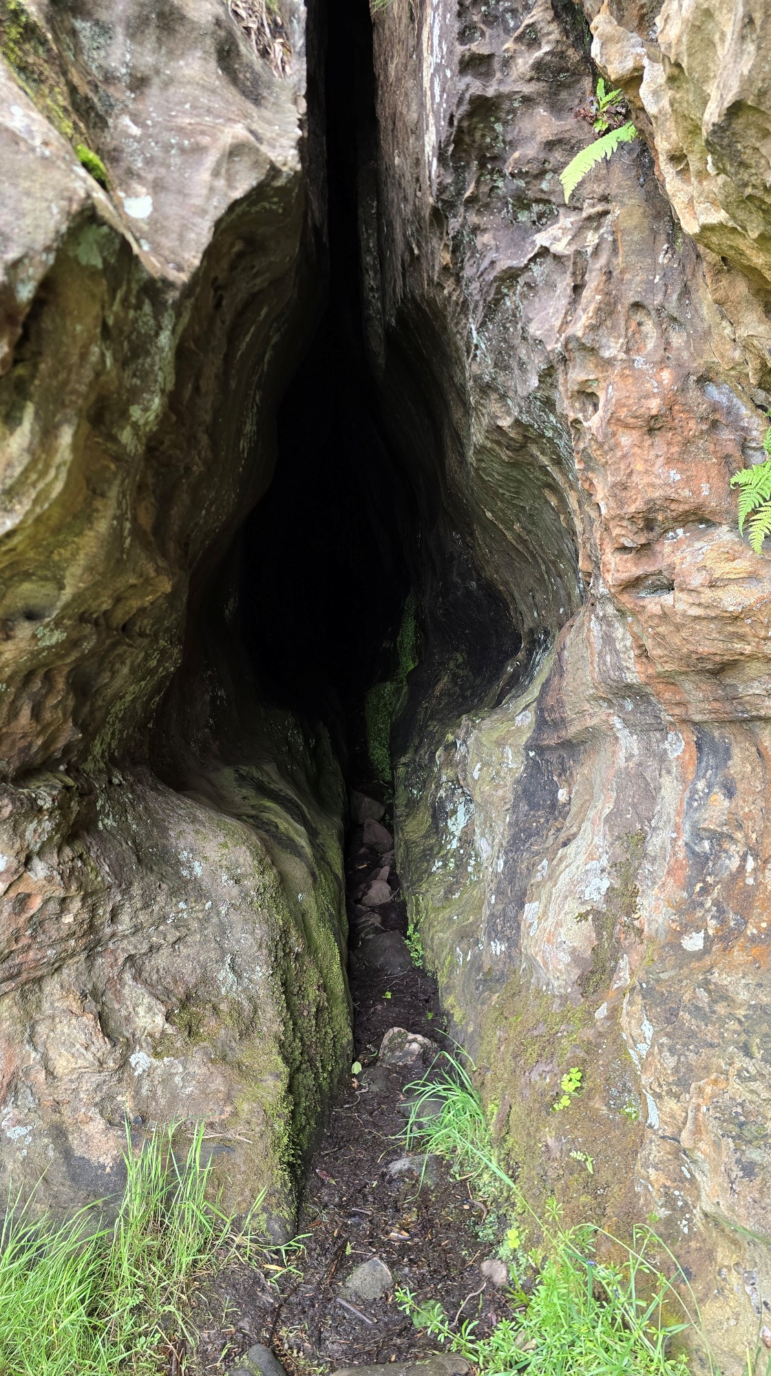 A large sandstone cliff wall with a cave entrance