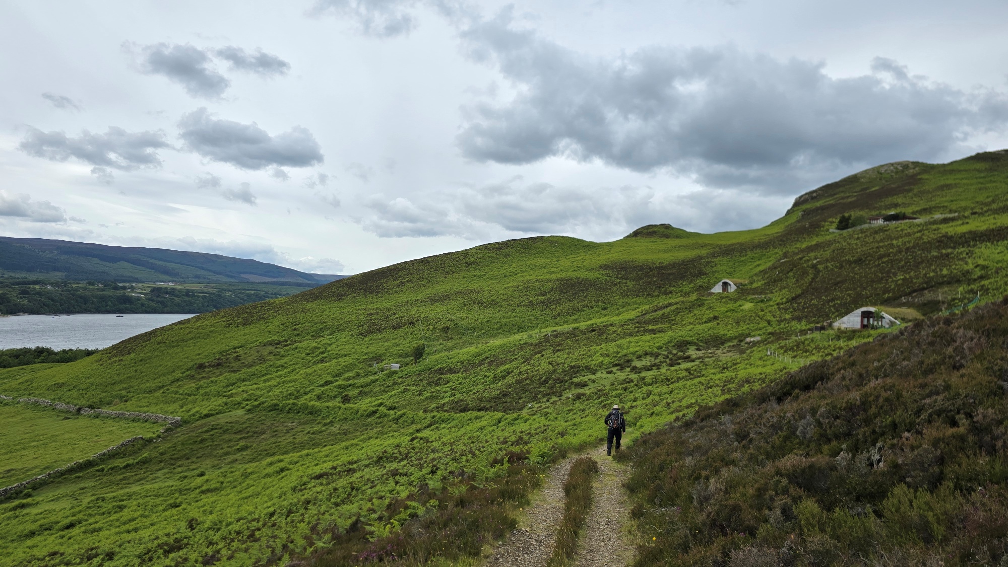 A man walking the distance with little wooden private houses nestled in the hillside