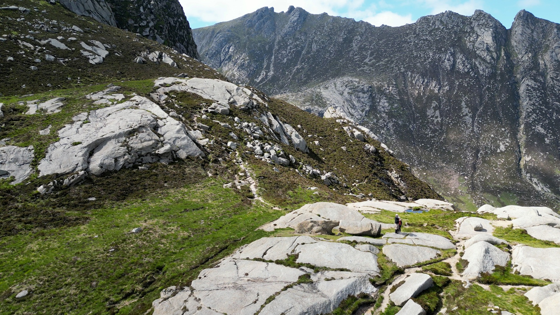 Two people looking small from above with towering mountains all around them