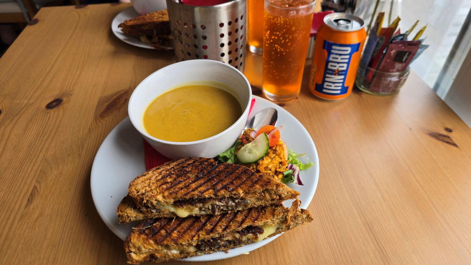 Soup and toastie with salad