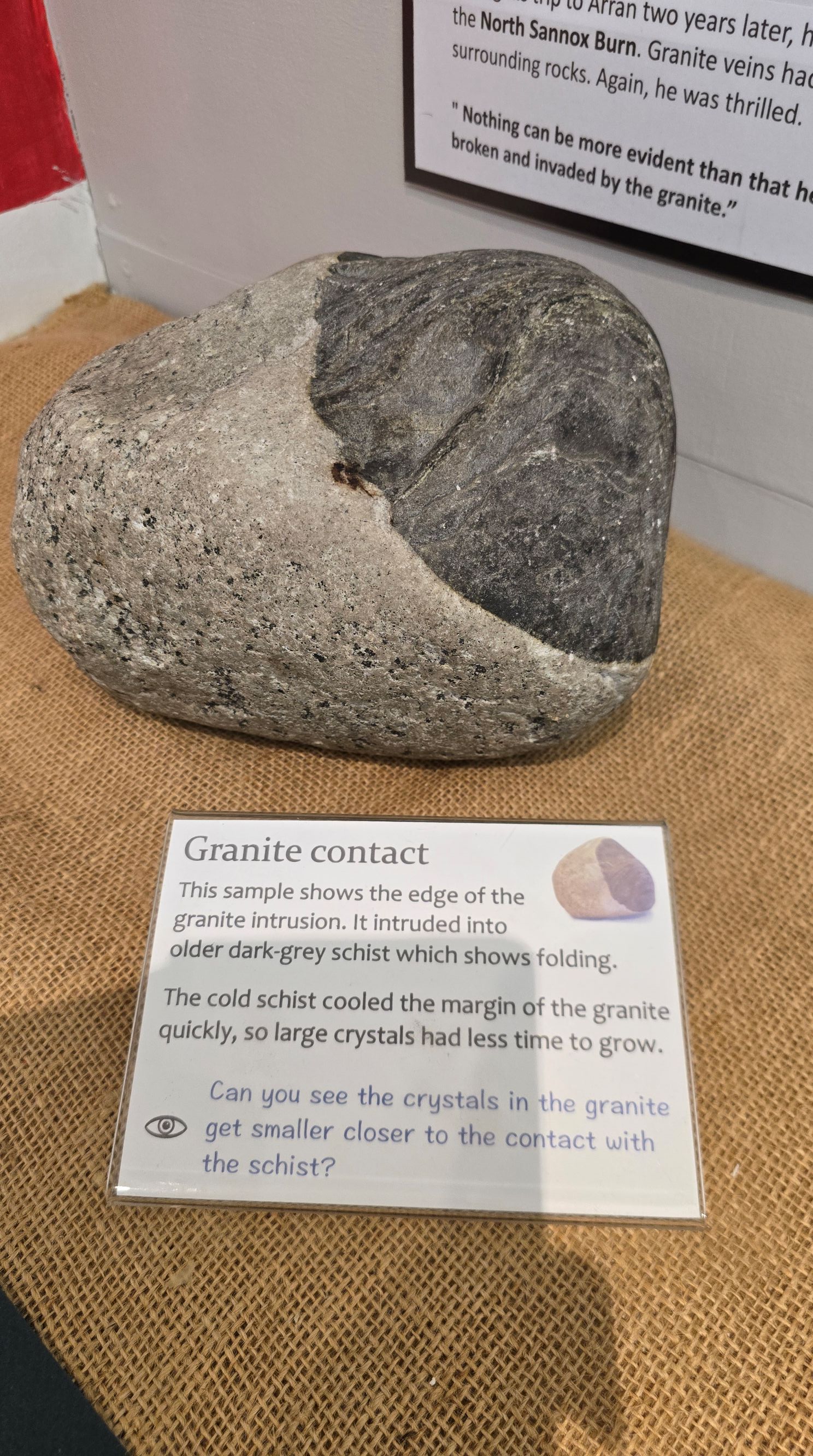 A rock showing granite intrusion into an old dark-grey schist rock