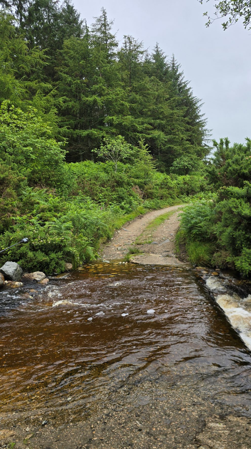 A ford with fast flowing water crossing a footpath