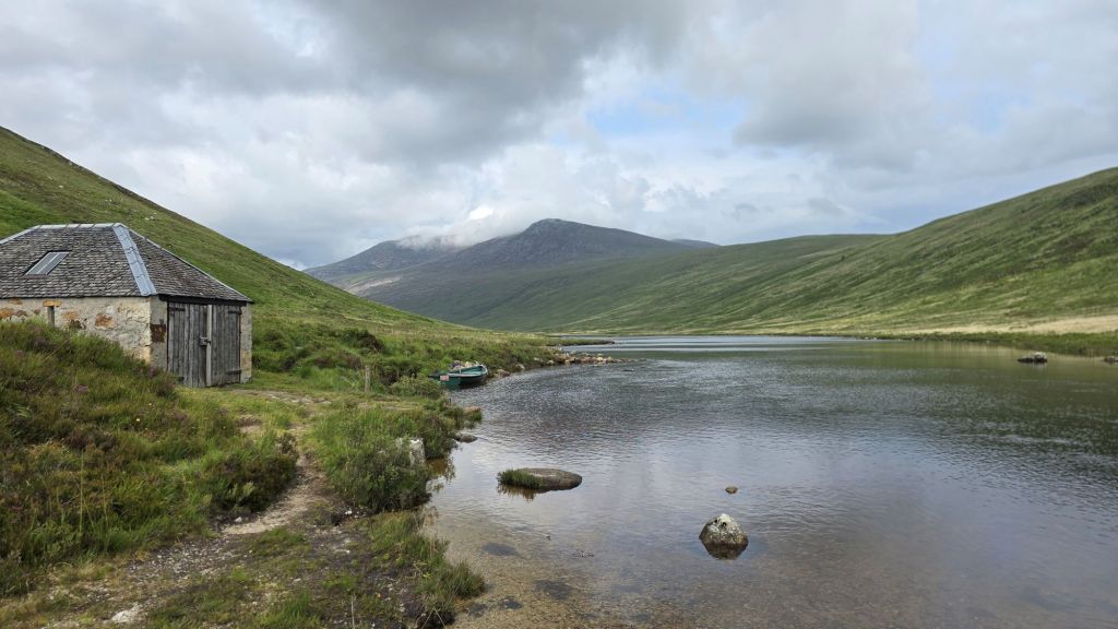 Boathouse, Loch Iorsa and mountains