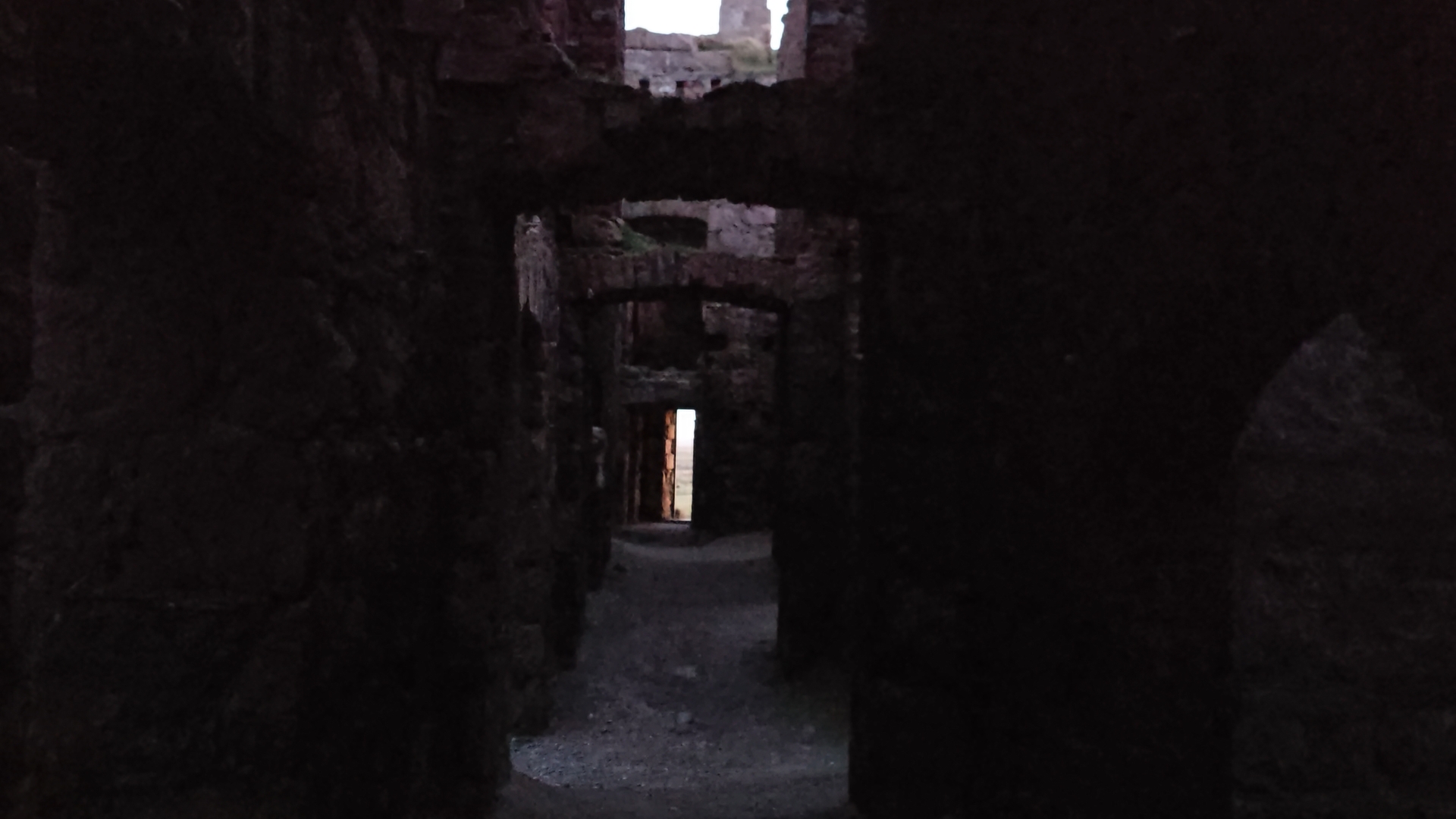 Inside Slains Castle at twilight