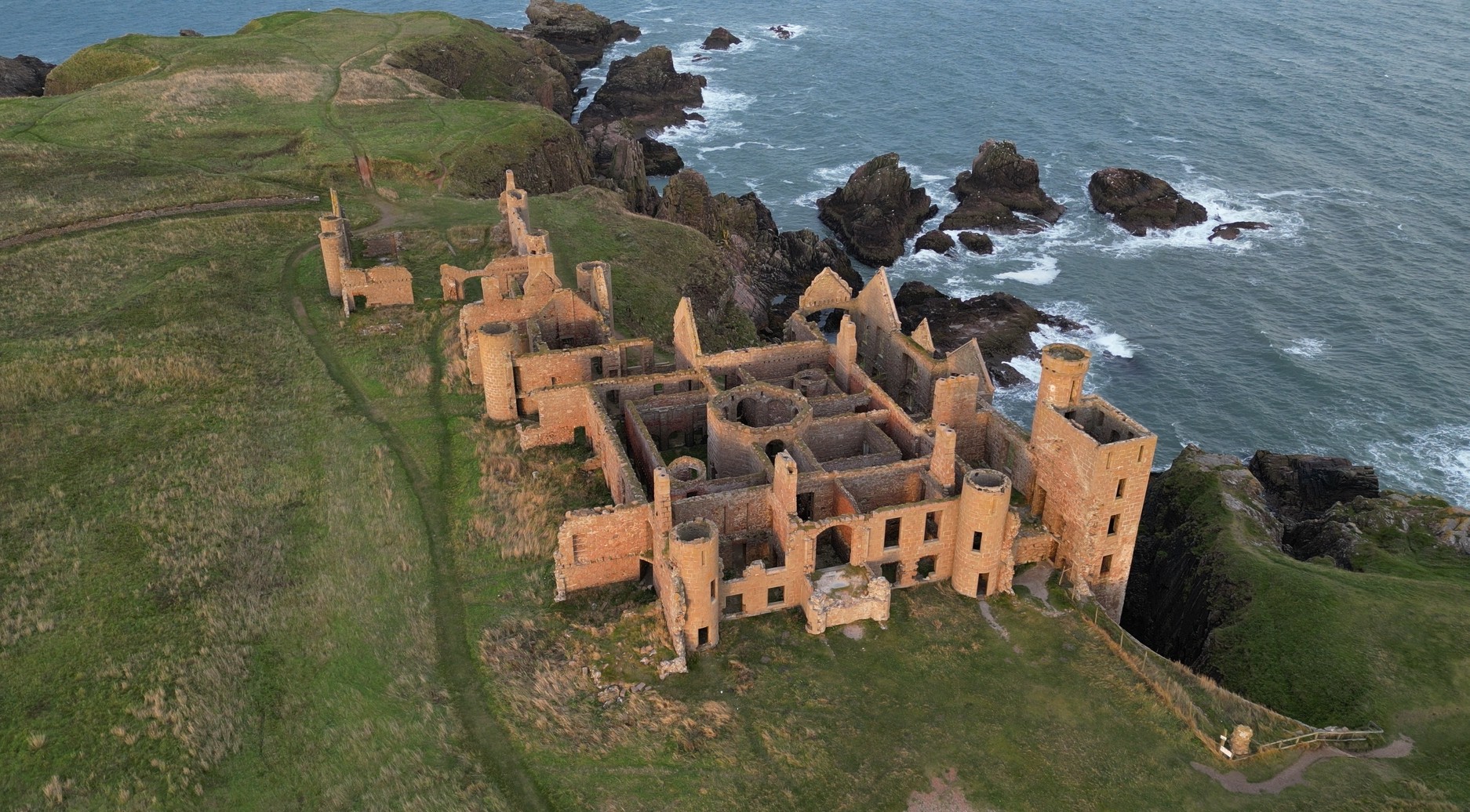 Aerial view of Slains Castle ruins